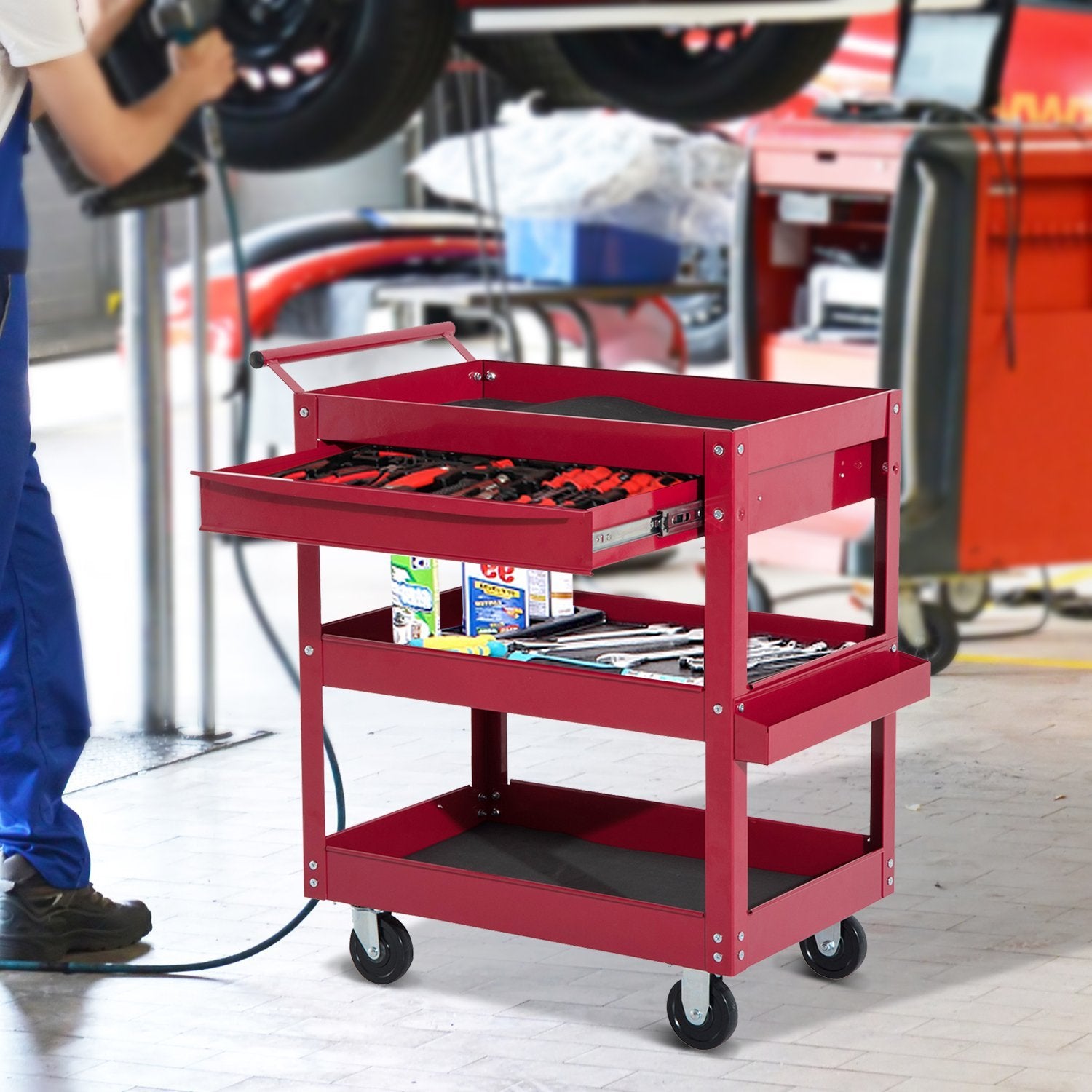 HOMCOM Rolling Tool Cart 3 Tray 1 Drawer Storage Chest Garage Utility