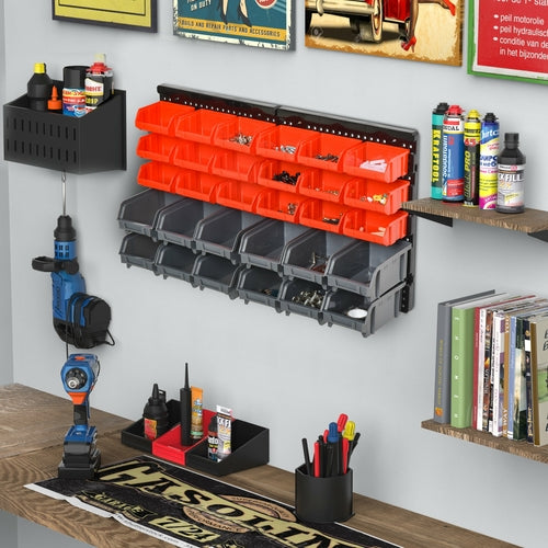 DURHAND Wall Mounted Storage Bin Rack Tool Organizer with 30 Bins